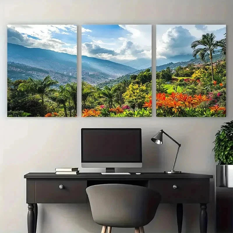 3pcs Medellin Travel Colombia Botanical Perfect Wall Art Set Canvas Framed 50x70cm - High Quality Print 100% Australian Made Wall Canvas Ready to Hang