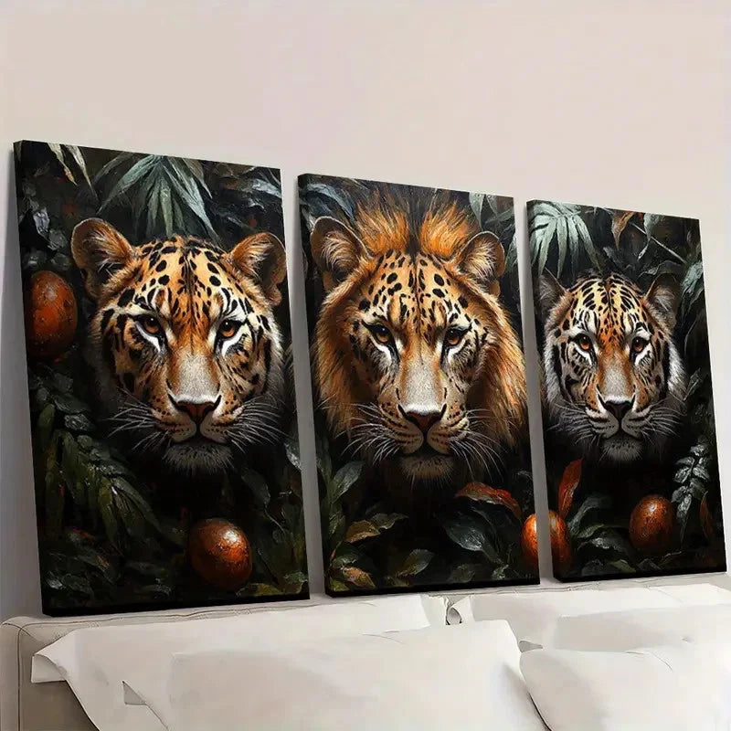 3pcs Jungle Overlord Leopard Lion And Tiger Wall Art Set Canvas Framed 40x60cm - High Quality Print 100% Australian Made Wall Canvas Ready to Hang