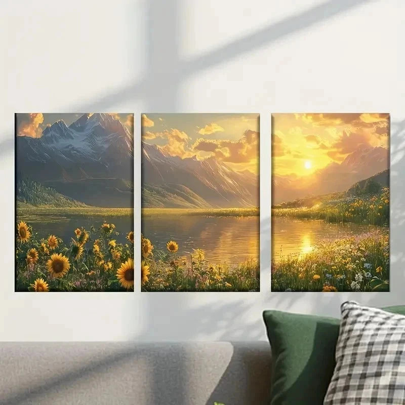 3pcs Stunning Sunset Above a Mountain Lake Wall Art Set Canvas Framed 50x70cm - High Quality Print 100% Australian Made Wall Canvas Ready to Hang