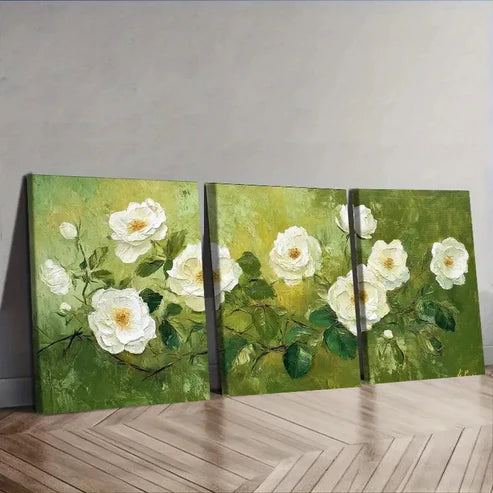 3pcs A painting of white wild roses Wall Art Set Canvas Unframed - High Quality Print 100% Australian Made Wall Canvas - Bella Home Decor