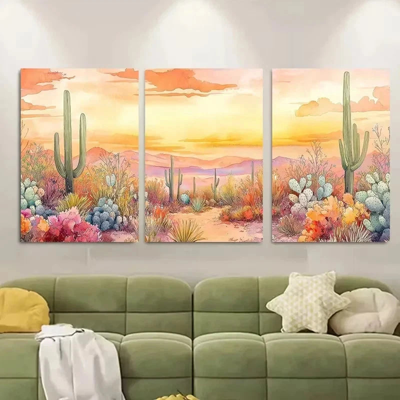 3pcs Colorful Cacti & Wildflowers Desert Sunset Wall Art Set Canvas Framed 40x60cm - High Quality Print 100% Australian Made Wall Canvas Ready to Hang - Bella Home Decor