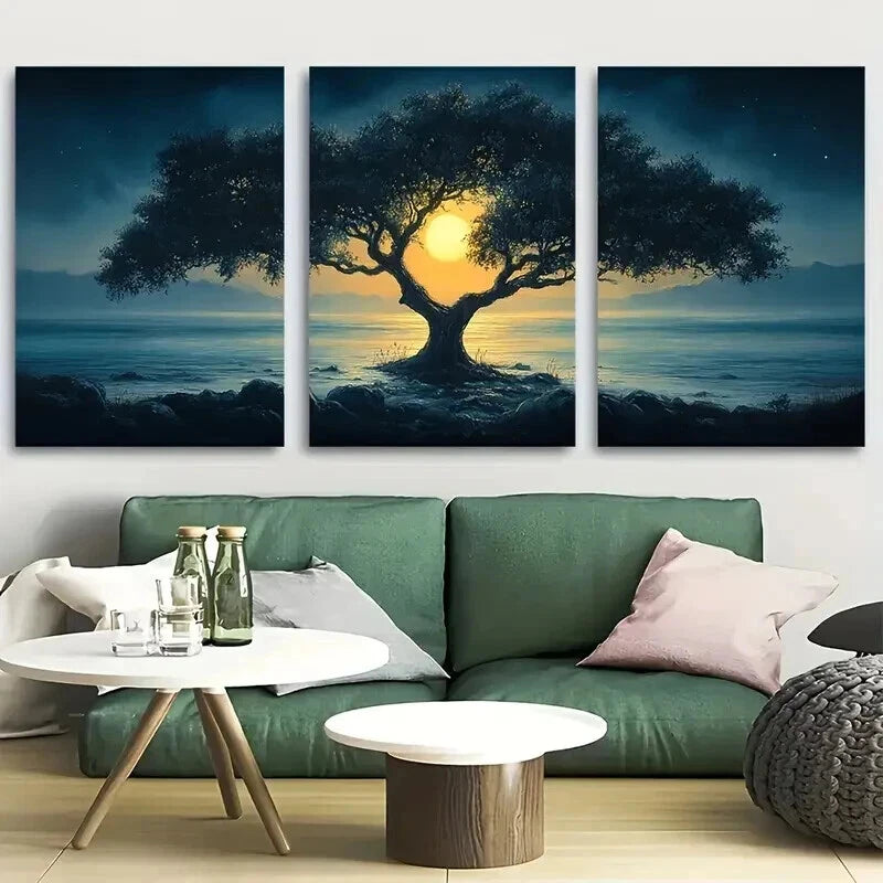 3pcs Tree In The Moonlight Cool Décor Perfect Wall Art Set Canvas Framed 50x70cm - High Quality Print 100% Australian Made Wall Canvas Ready to Hang - Bella Home Decor