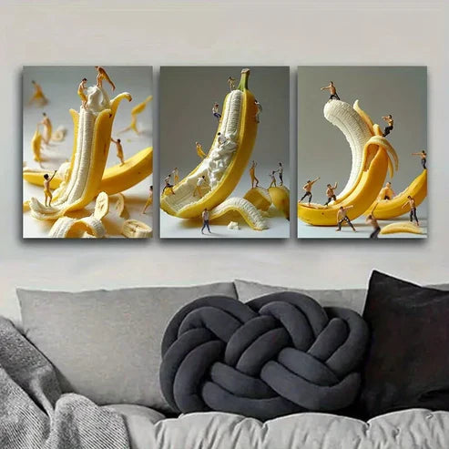3 PCS The Little Man Climbed On The Banana Wall Art Set Canvas Unframed - High Quality Print 100% Australian Made Wall Canvas - Bella Home Decor