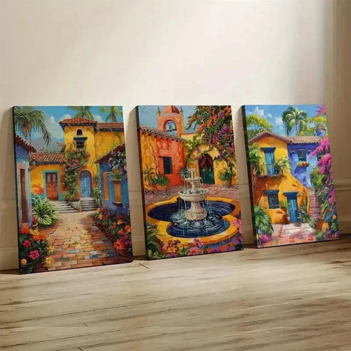 3pcs Mexican Architecture with Floral Design Wall Art Canvas Unframed - High Quality Print 100% Australian Made Wall Canvas