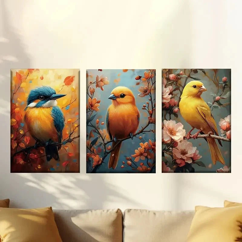 3pcs Yellow and blue birds, and a canary Wall Art Set Canvas Framed 60x90cm - High Quality Print 100% Australian Made Wall Canvas Ready to Hang