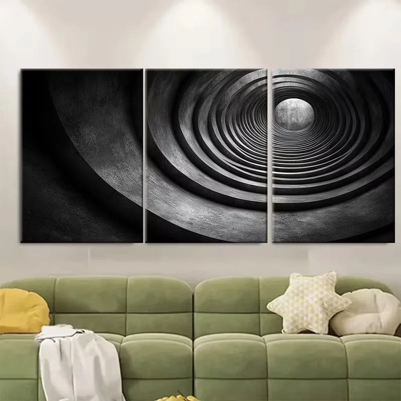 3pcs Monochrome Abstract Circular Swirling Metal Print Ready to Hang Art