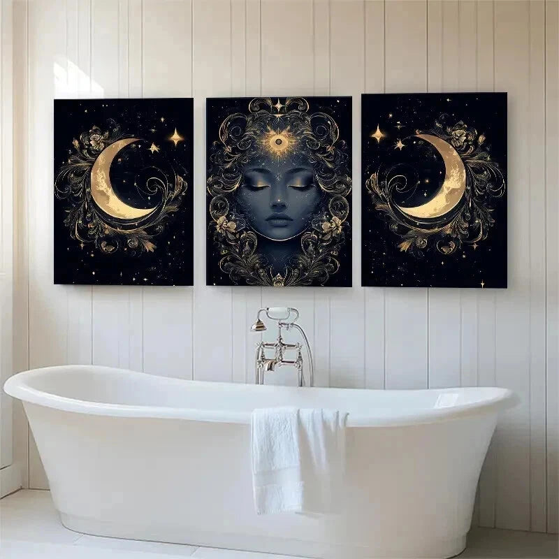 3pcs Mystical Moon Goddess Golden Lunar Perfect Wall Art Set Canvas Framed 60x90cm - High Quality Print 100% Australian Made Wall Canvas Ready to Hang - Bella Home Decor