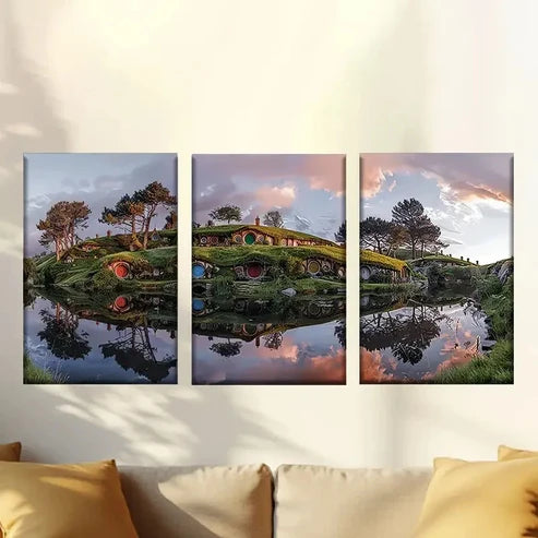 3pcs Creek and hut at sunset Wall Art Canvas Unframed - High Quality Print 100% Australian Made Wall Canvas