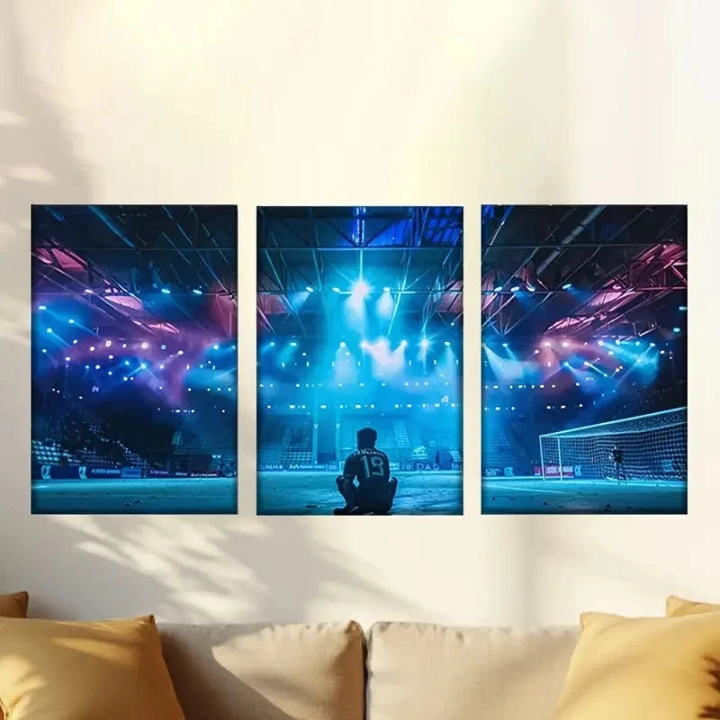 3pcs Soccer Field Artist Drawing Wall Art Set Canvas Framed 50x70cm - High Quality Print 100% Australian Made Wall Canvas Ready to Hang
