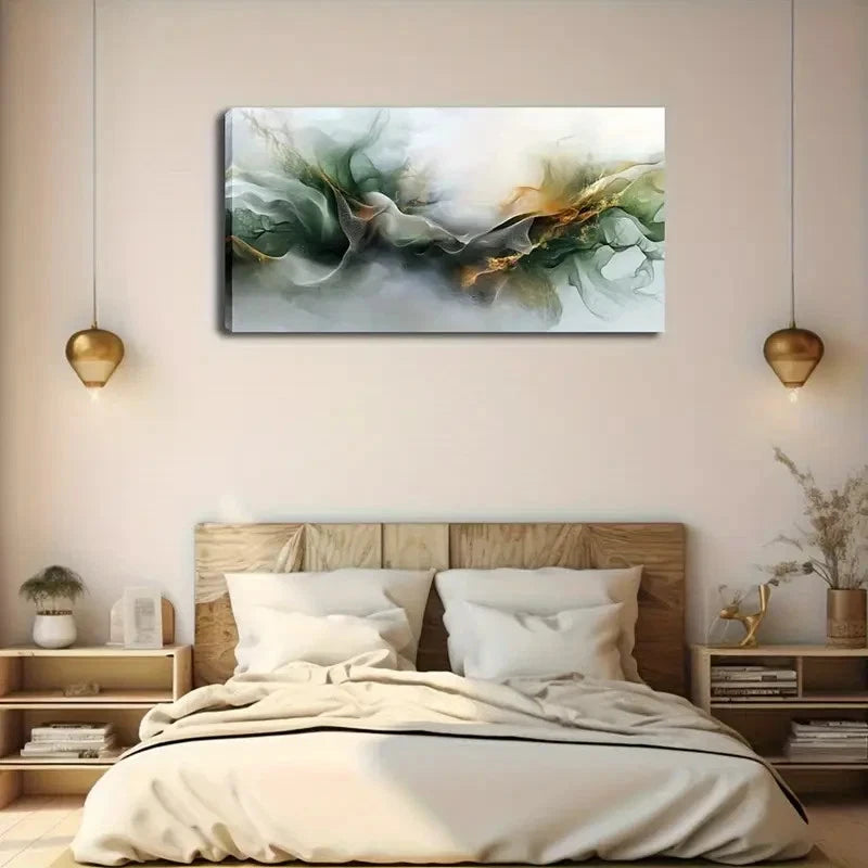 Green White Golden Swirls Wall Art Canvas Office Home Room Framed 120x60cm