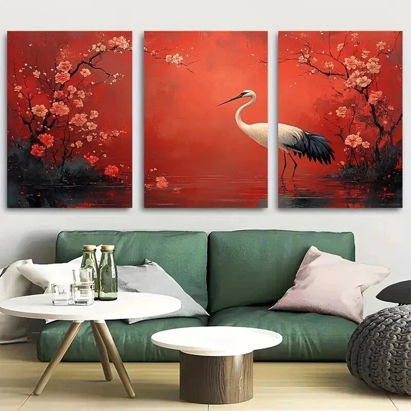 3pcs Beautiful Crane Flower Bird Perfect Wall Art Set Canvas Framed 50x70cm - High Quality Print 100% Australian Made Wall Canvas Ready to Hang - Bella Home Decor