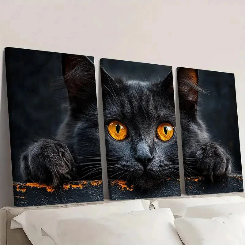 3pcs Black Cat Vibrant Orange Eyes Wall Art Set Canvas Framed 60x90cm - High Quality Print 100% Australian Made Wall Canvas Ready to Hang - Bella Home Decor