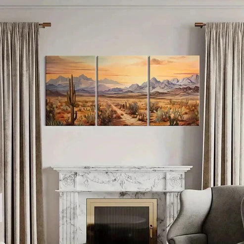 3pcs Cactus Mountains Sunset Orange Sky Wall Art Canvas Unframed - High Quality Print 100% Australian Made Wall Canvas - Bella Home Decor