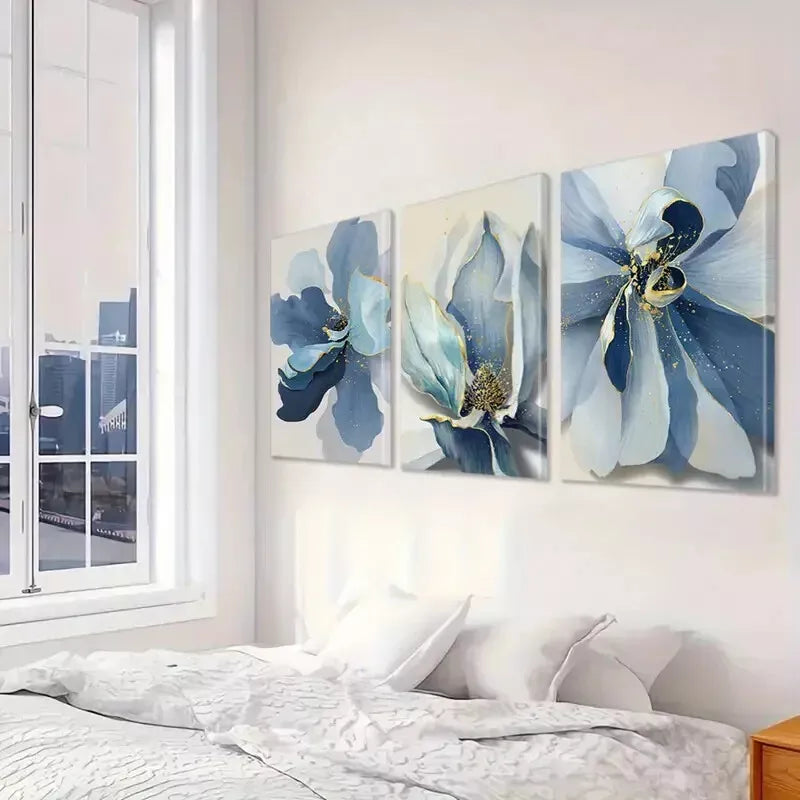 3pcs Blue Floral Canvas Wall Art Set Canvas Framed 40x60cm - High Quality Print 100% Australian Made Wall Canvas Ready to Hang - Bella Home Decor