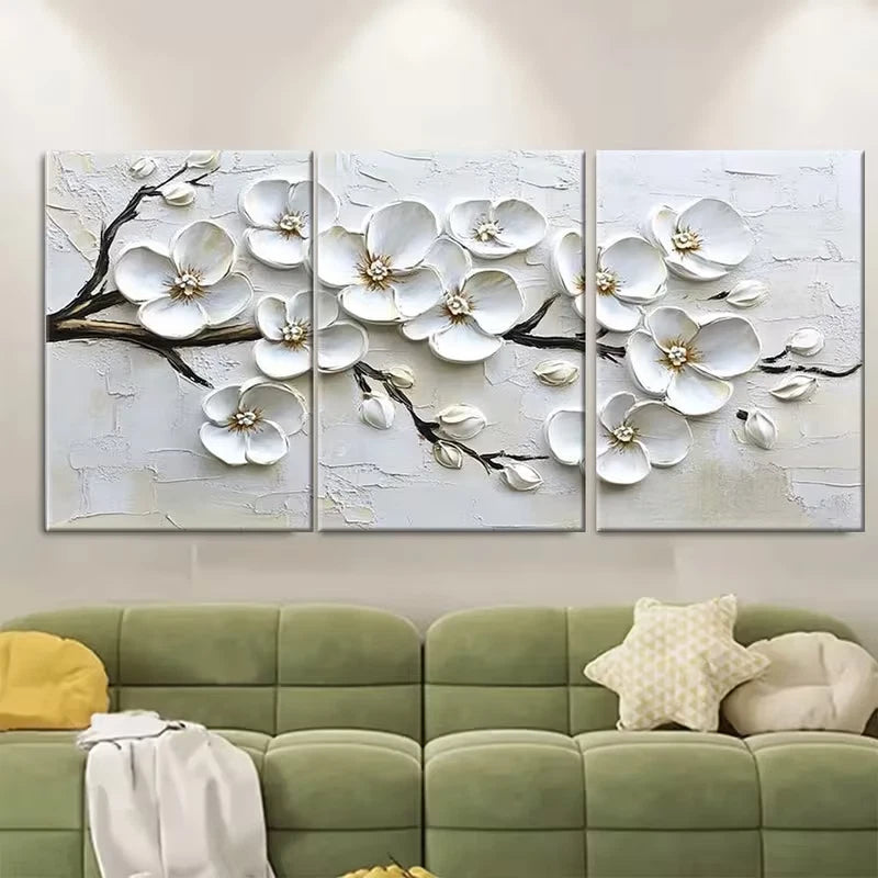 3pcs White Blossom Textured Floral Botanical Metal Print Ready to Hang Art