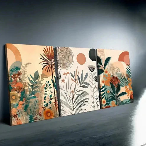 3pcs Bohemian Sun Leaves and Flowers Art Set Canvas Unframed - High Quality Print 100% Australian Made Wall Canvas - Bella Home Decor