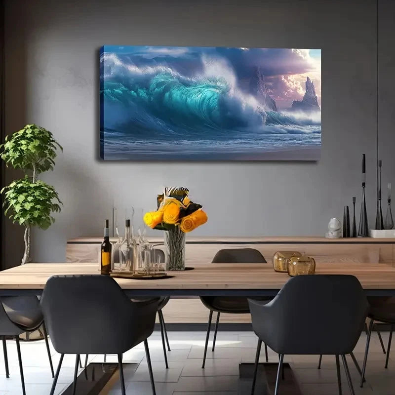 Blue-Green Surreal Ocean Sunset Wall Art Canvas Office Home Room Framed 120x60cm