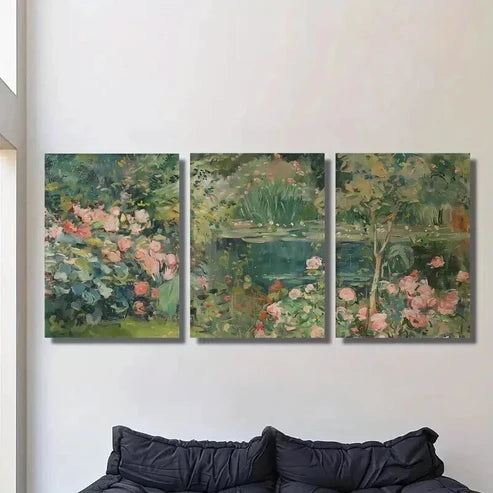 3pcs Vintage Garden Pond & Water Lilies Wall Art Canvas Unframed - High Quality Print 100% Australian Made Wall Canvas