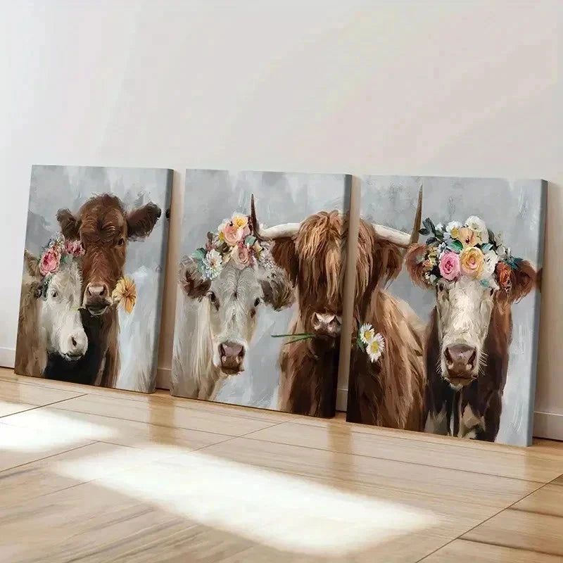 3pcs Highland Cattle with Flowers Vintage Wall Art Set Canvas Framed 60x90cm - High Quality Print 100% Australian Made Wall Canvas Ready to Hang