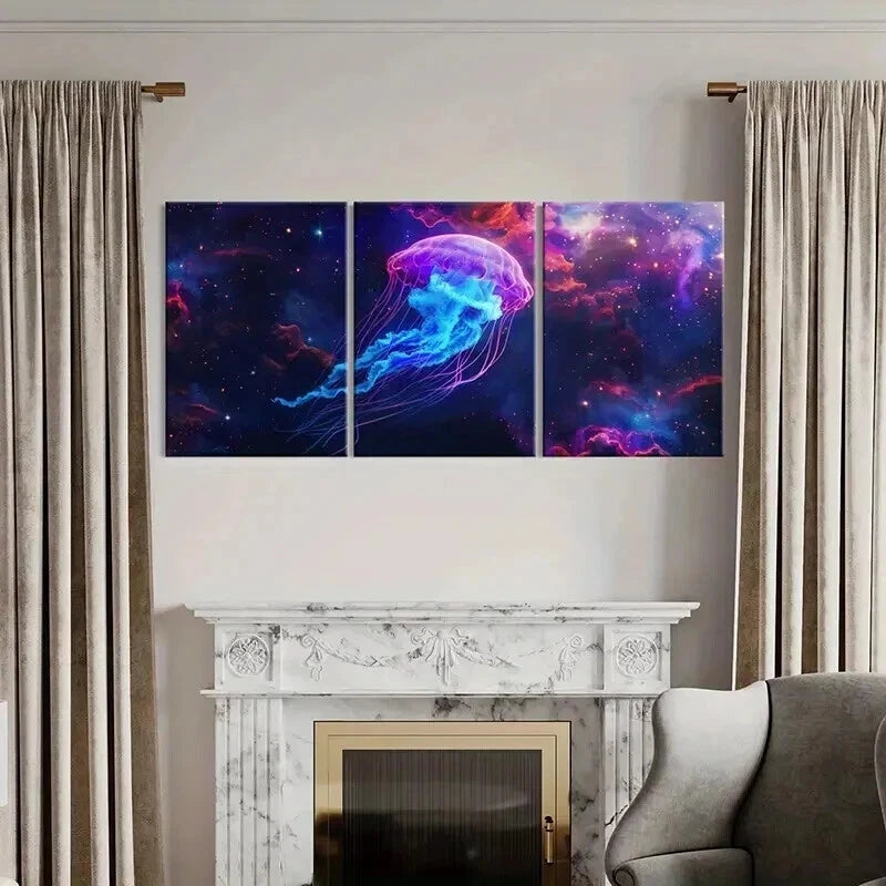 3pcs Vibrant Neon Jellyfish & Cosmic Wall Art Set Canvas Framed 50x70cm - High Quality Print 100% Australian Made Wall Canvas Ready to Hang - Bella Home Decor
