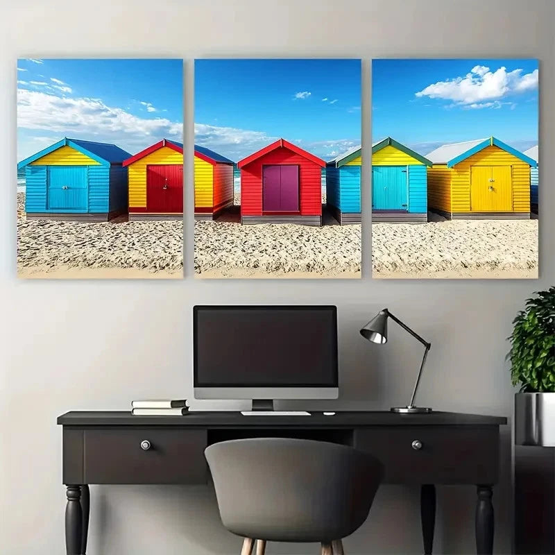 3pcs Vibrant Melbourne Beach Huts Australian Wall Art Set Canvas Framed 50x70cm - High Quality Print 100% Australian Made Wall Canvas Ready to Hang