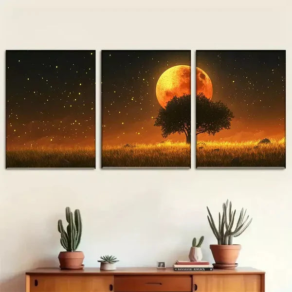 3pcs Enchanted Moonlit Meadow Wrapped Wall Art Set Canvas Framed 60x90cm - High Quality Print 100% Australian Made Wall Canvas Ready to Hang