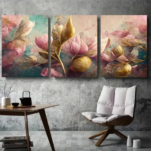 3pcs Elegant Pink & Golden Magnolia Floral Wall Art Canvas Unframed - High Quality Print 100% Australian Made Wall Canvas