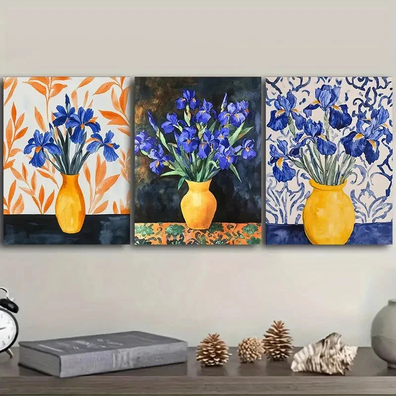 3pcs Blue Irises in Yellow Vases Triptych Wall Art Set Canvas Framed 40x60cm - High Quality Print 100% Australian Made Wall Canvas Ready to Hang - Bella Home Decor
