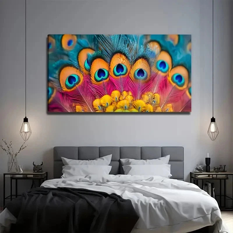 Feathers Peacock Suitable Wall Art Canvas Office Home Room Framed 120x60cm