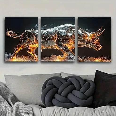 3pcs Digital Bull Sculpture Vintage Wall Art Canvas Unframed - High Quality Print 100% Australian Made Wall Canvas - Bella Home Decor