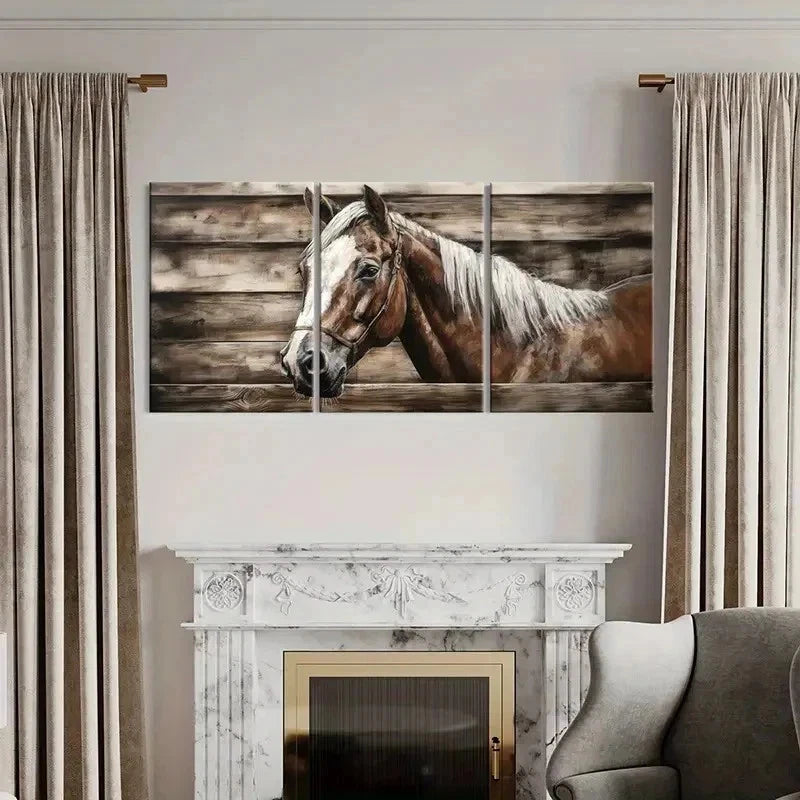 3pcs Horse with White Mane & Wooden Fence Wall Art Set Canvas Framed 60x90cm - High Quality Print 100% Australian Made Wall Canvas Ready to Hang