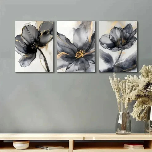 3pcs Black And Golden Abstract Flower Wall Art Set Canvas Unframed - High Quality Print 100% Australian Made Wall Canvas