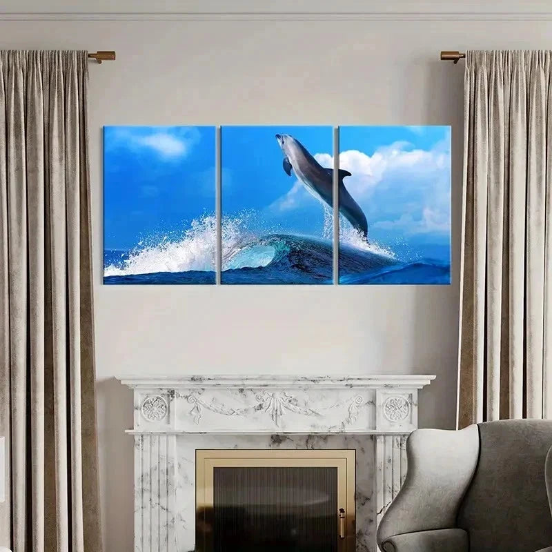 3pcs Dolphins Jumping Out Of The Sea Wall Art Set Canvas Framed 50x70cm - High Quality Print 100% Australian Made Wall Canvas Ready to Hang - Bella Home Decor