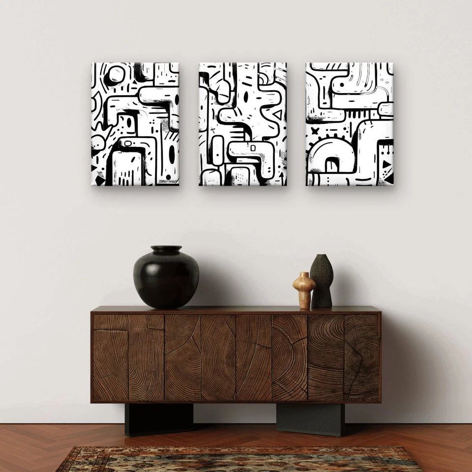 3pcs Black and White Abstract Doodle Wall Art Set Canvas Framed 40x60cm - High Quality Print 100% Australian Made Wall Canvas Ready to Hang