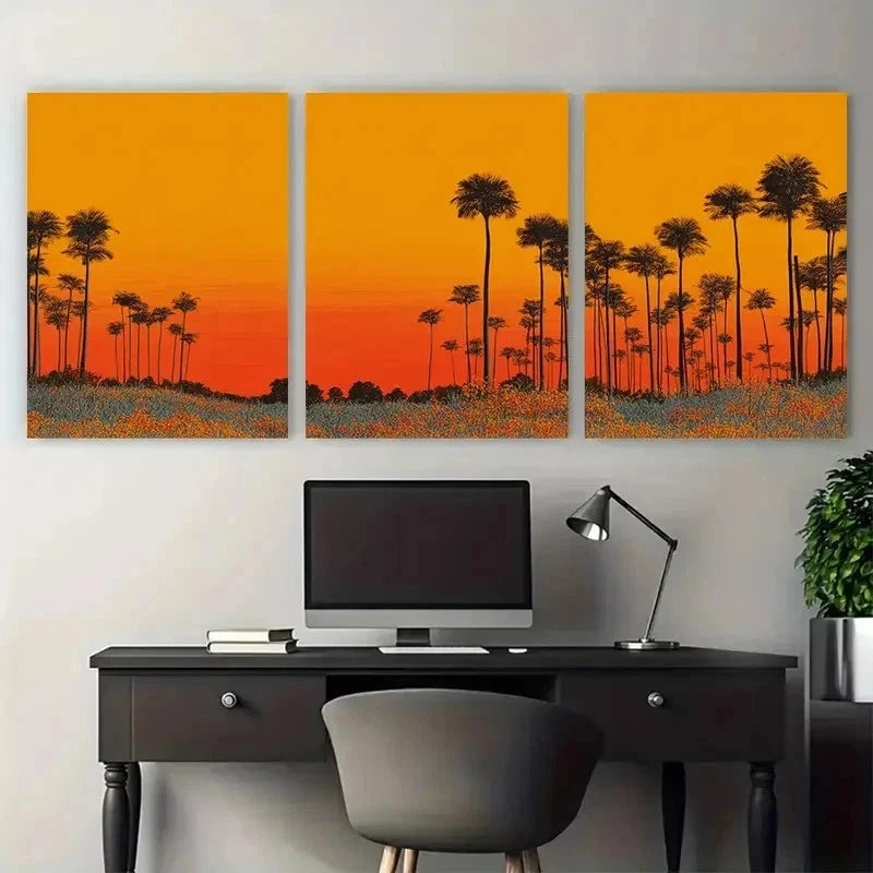 3pcs Golden Coastal Landscape Palm-Lined Perfect Wall Art Set Canvas Framed 50x70cm - High Quality Print 100% Australian Made Wall Canvas Ready to Hang - Bella Home Decor