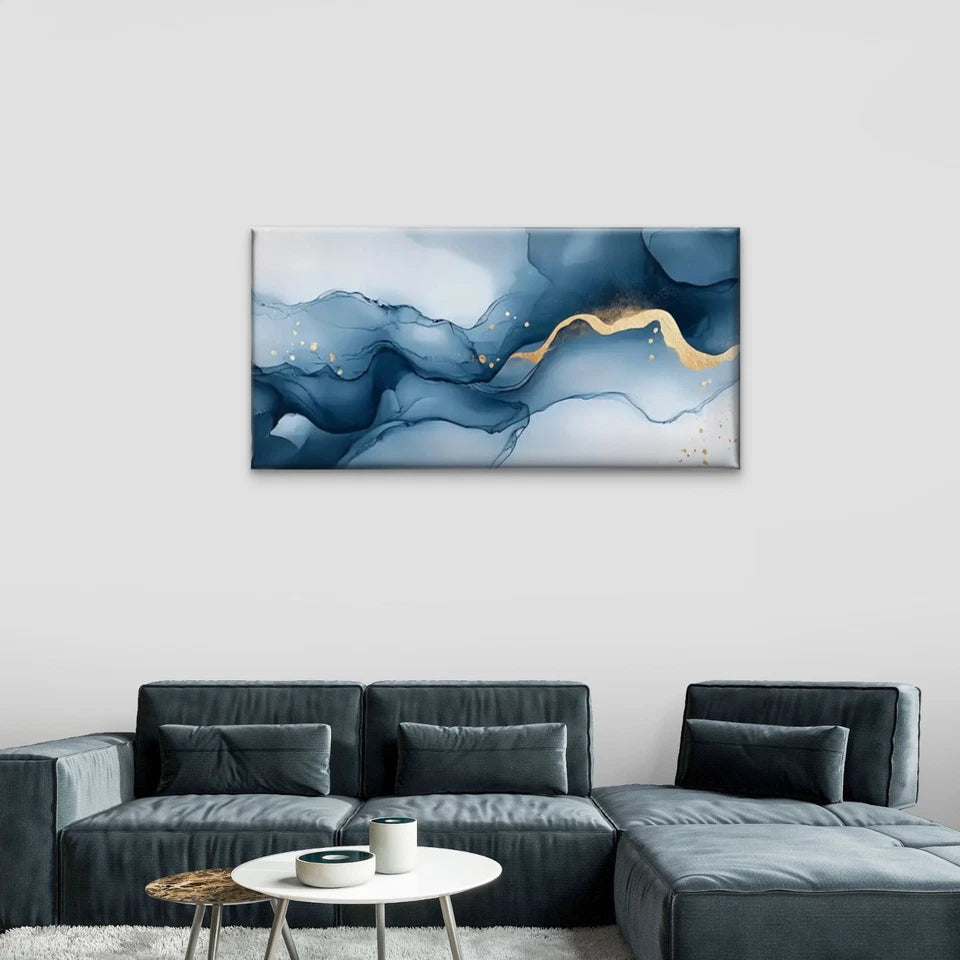 Blue Golden Abstract Painting Wall Art Canvas Office Home Room Framed 120x60cm