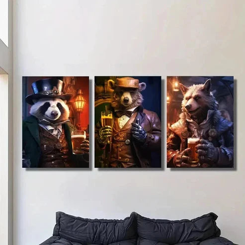 3pcs Panda & Bear Wearing a Hat and a Suit Wall Art Set Canvas Unframed - High Quality Print 100% Australian Made Wall Canvas