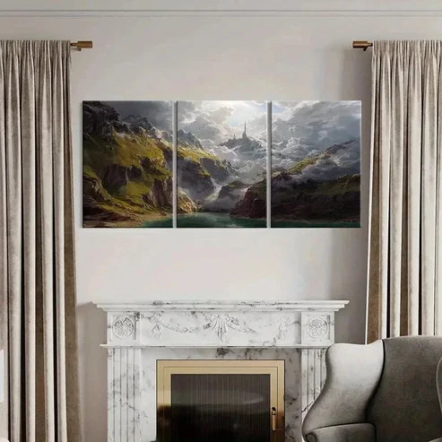 3pcs Mountain Valley with Mystical Castle Wall Art Canvas Unframed - High Quality Print 100% Australian Made Wall Canvas