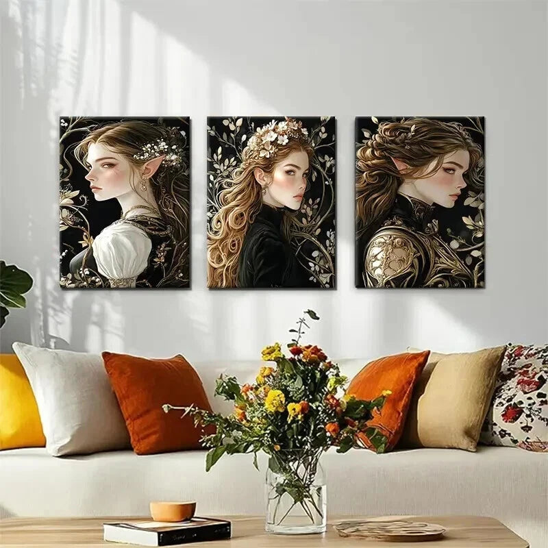 3pcs Enchanted Elven Golden Floral Women Perfect Wall Art Set Canvas Framed 60x90cm - High Quality Print 100% Australian Made Wall Canvas Ready to Hang - Bella Home Decor