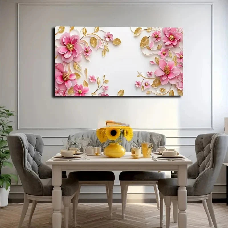 Pink Floral Design Golden Wall Art Canvas Office Home Room Framed 120x60cm