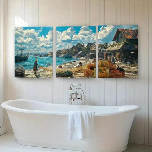 3pcs Serene Fisherman's Shoreline Scene Boats Wall Art Canvas Unframed - High Quality Print 100% Australian Made Wall Canvas