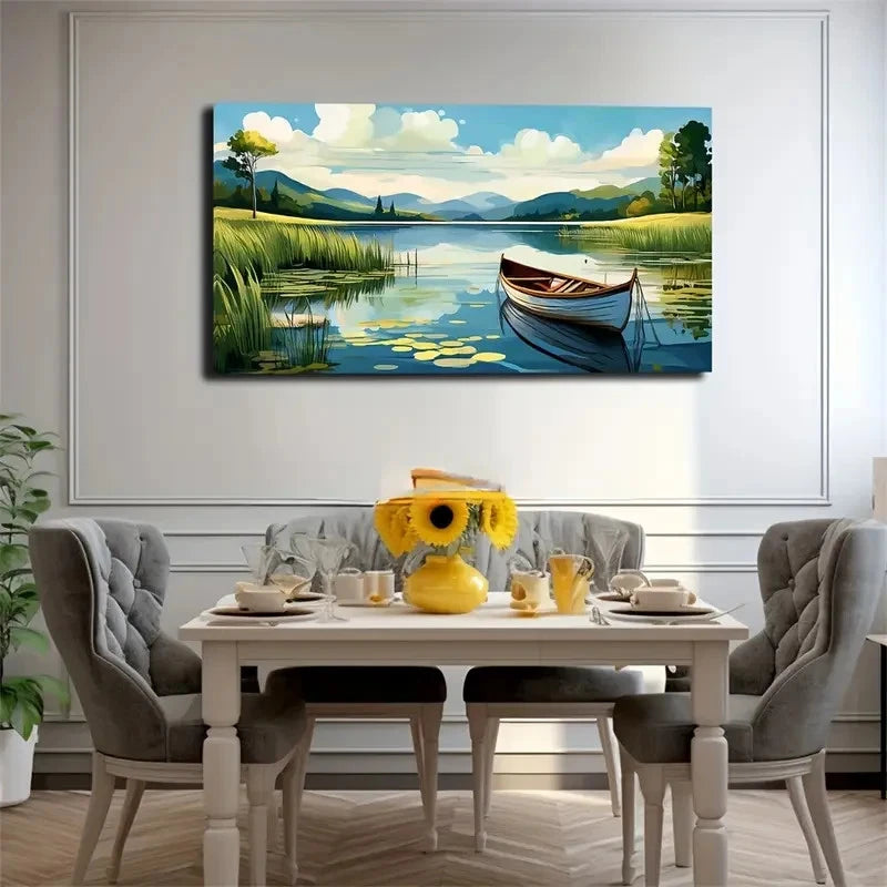 Rowboat & Lush Greenery Lake Wall Art Canvas Office Home Room Framed 120x60cm