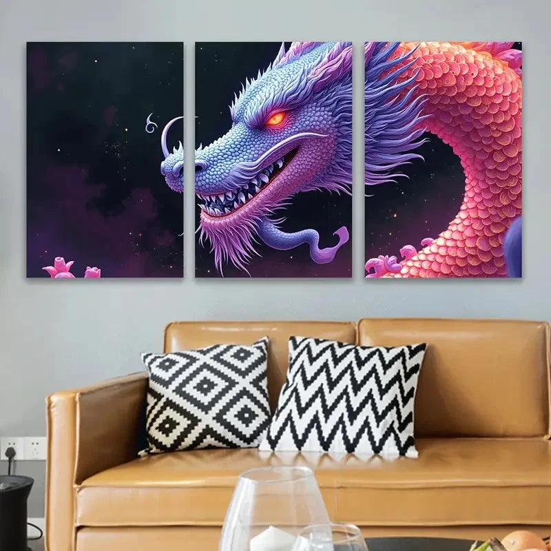 3pcs Vibrant Dragon Artwork Wall Art Set Canvas Framed 60x90cm - High Quality Print 100% Australian Made Wall Canvas Ready to Hang