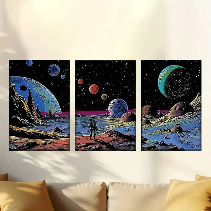 3pcs Style Posters of Man on Moon with Planets 40x60cm - High Quality Print 100% Australian Made Wall Canvas Ready to Hang