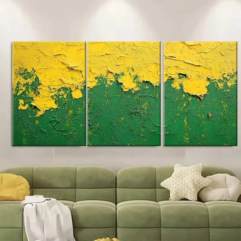 3pcs Abstract Thick Textured Yellow Green Painting Wall Art Set Canvas Framed 60x90cm - High Quality Print 100% Australian Made Wall Canvas Ready to Hang - Bella Home Decor