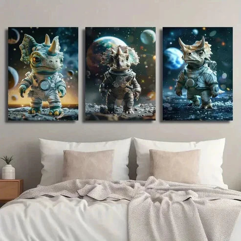 3pcs Allosaurus Dinosaur in Space Wall Art Set Canvas Unframed - High Quality Print 100% Australian Made Wall Canvas - Bella Home Decor