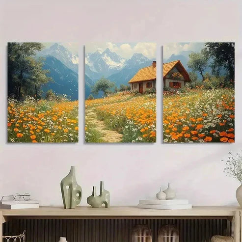3pcs Vintage Wildflower Meadow Landscape Wall Art Canvas Unframed - High Quality Print 100% Australian Made Wall Canvas