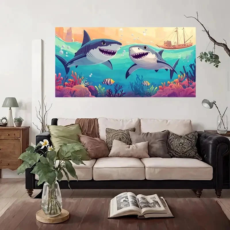 Ocean Adventure With Sharks Wall Art Canvas Office Home Room Framed 120x60cm