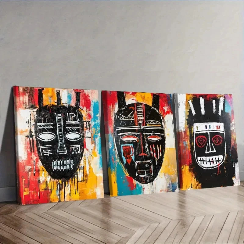 3pcs Featuring a Striking African Mask Wall Art Set Canvas Framed 50x70cm - High Quality Print 100% Australian Made Wall Canvas Ready to Hang