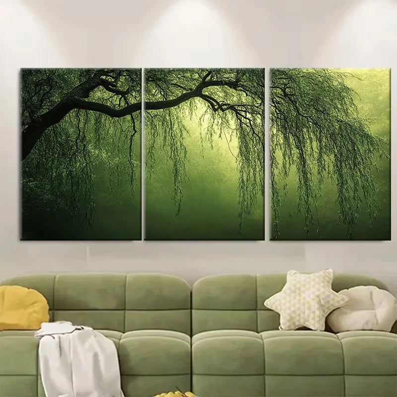 3pcs Moody Green Willow Tree Metal Print Ready to Hang Art